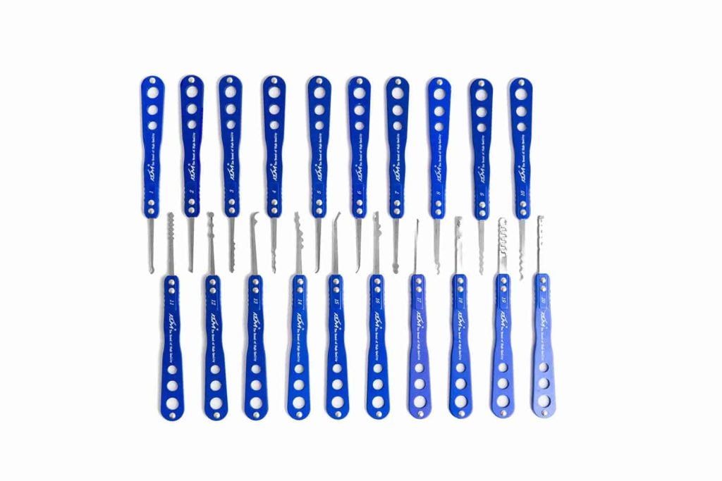 20 verschillende lockpicks van de K-300 lockpick set van KLOM bij LockpickWebwinkel.nl