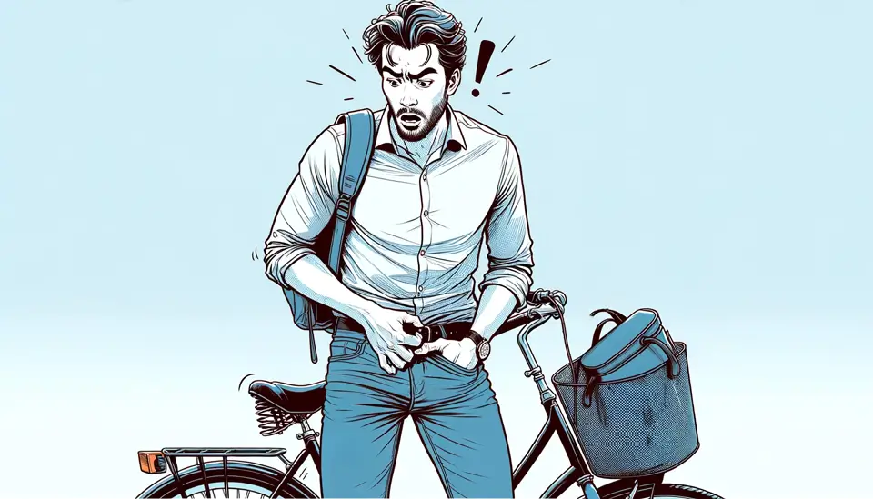 Een man is in lichte paniek omdat hij zijn fietsleutel is kwijtgeraakt