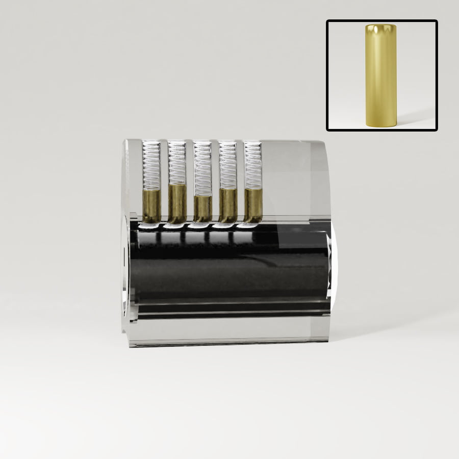 Doorzichtig stiftcilinderslot met zichtbare pinnen en veren