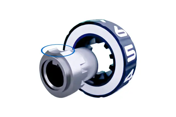 Decoder vindt de inkeping in het combinatieslot, aangeduid met blauwe cirkel