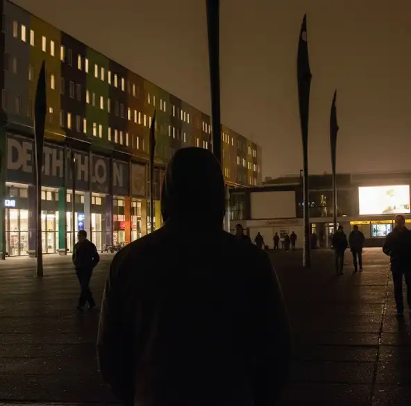 Nachtelijke stadsgezicht met verlichte ramen en mensen die zelfstandig hun weg vinden door straten