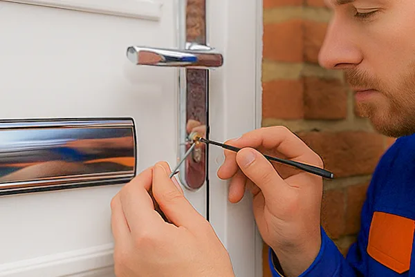 Voordeur van een Nederlands rijtjeshuis met een moderne cilinder in het slot, gezien vanaf de buitenkant in daglicht