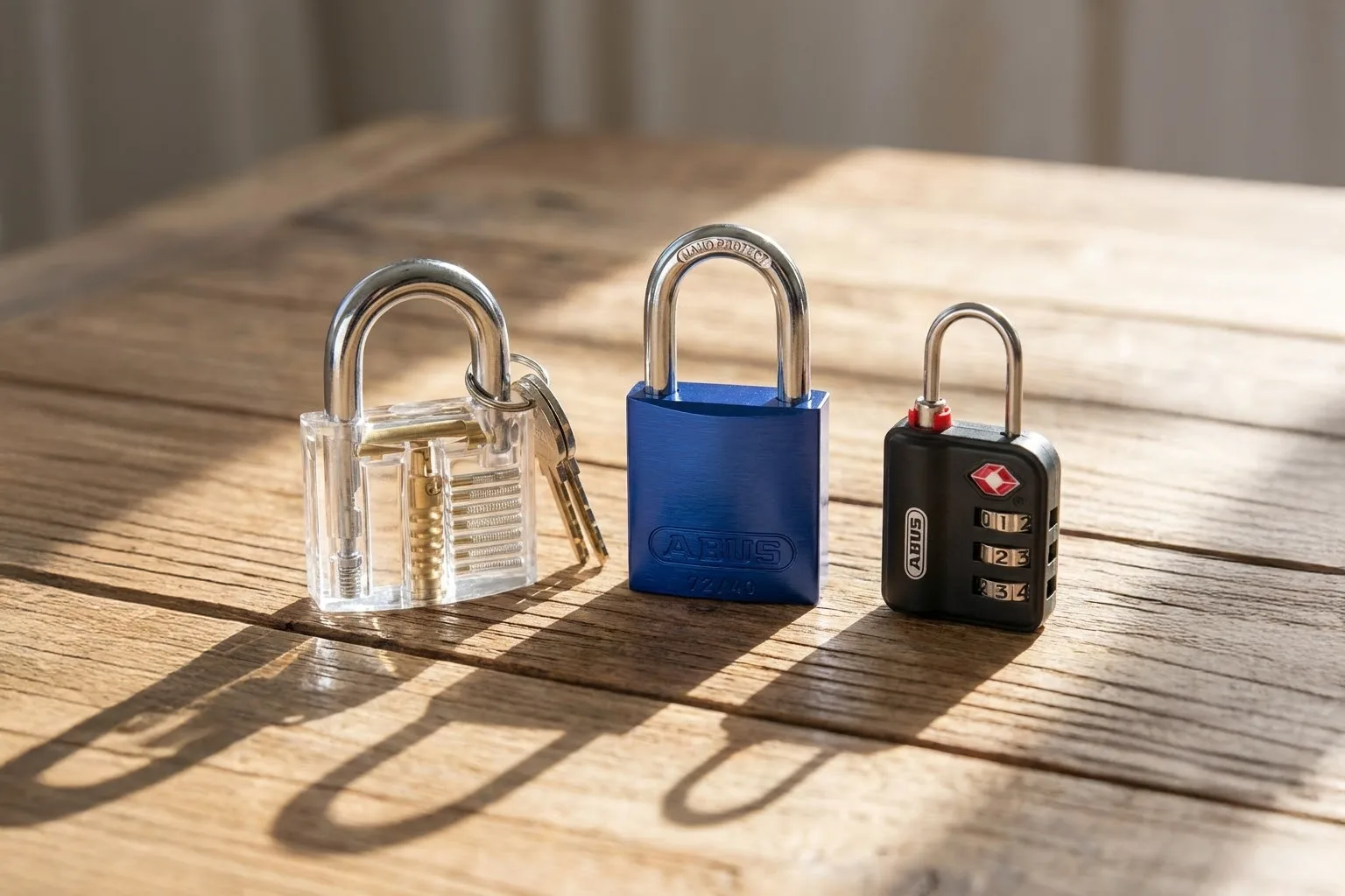 Een doorzichtig-, ABUS 72/40-, en TSA hangslot naast elkaar op een houten tafel.